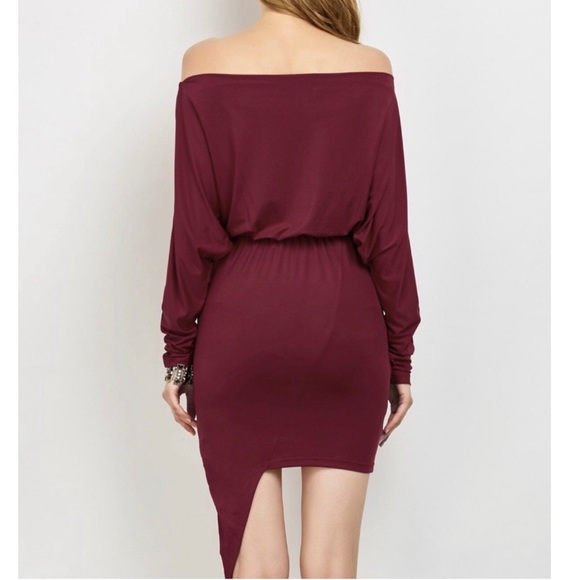 Burgundy Off Shoulder Long Sleeve Dress - Picture 3 of 4